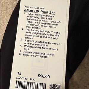 Lululemon yoga style pants 25” size 14. NWT black